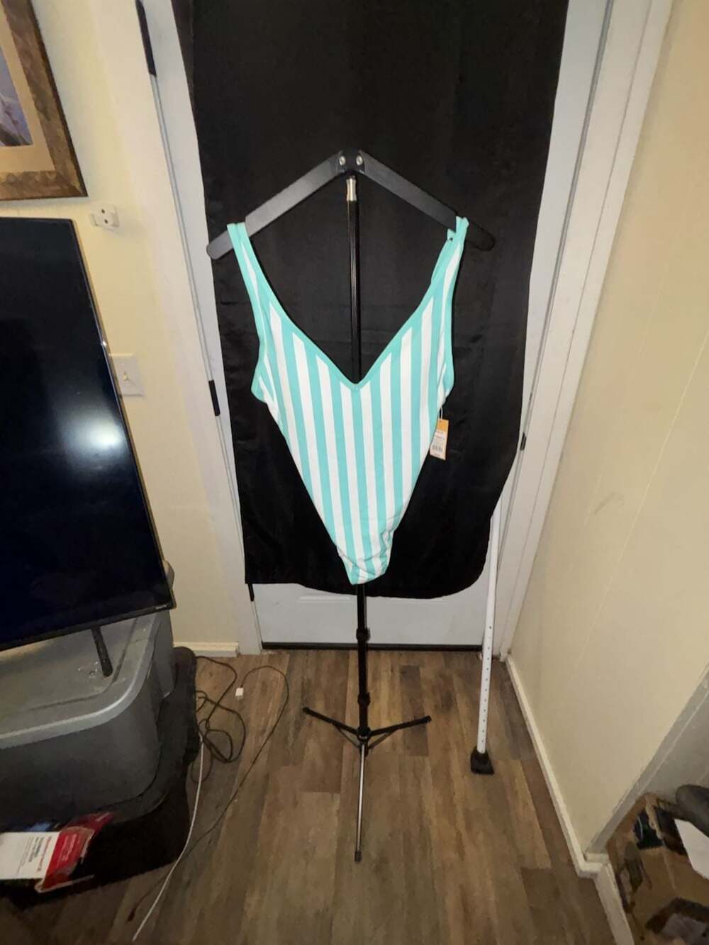 Kona Sol Aqua White Striped One Piece Swimsuit Medium 8/10